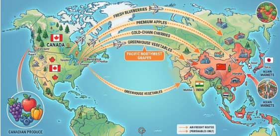 A map showing trade routes from Canada to Asia for agricultural products like blueberries, apples, and vegetables. Arrows indicate air freight paths connecting North America to various Asian markets.