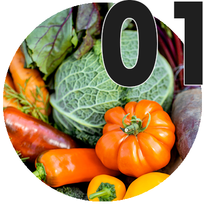 Basket full of freshly plucked various vegetables with the number 01