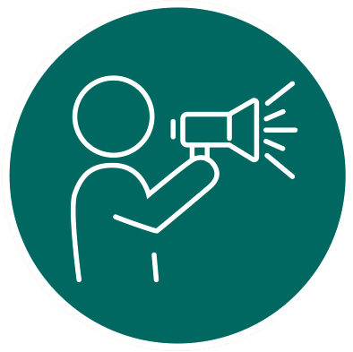 Icon featuring man talking into a bullhorn