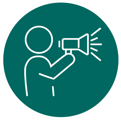 Icon featuring man talking into a bullhorn Icon featuring man talking into a bullhorn