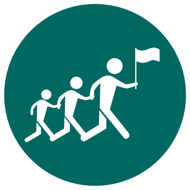 Icon featuring three people walking in a line with the lead walker holding a flag