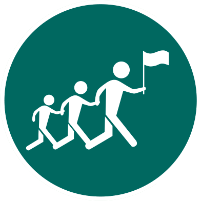 Icon featuring three people walking in a line with the lead walker holding a flag Icon featuring three people walking in a line with the lead walker holding a flag