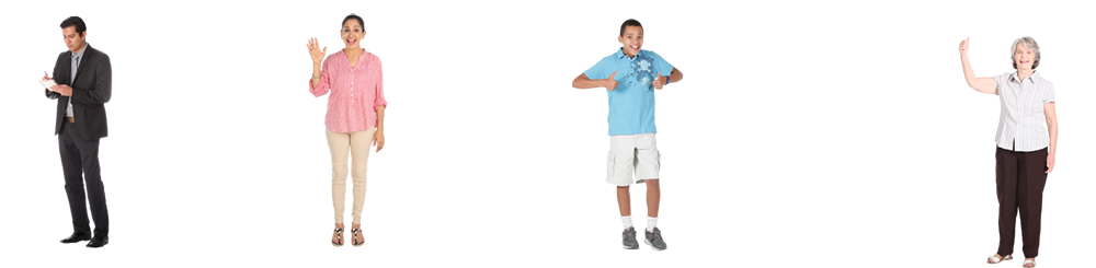 A business man on a mobile device, an adult woman waving, a teenage boy giving the "thumbs up" and an older woman holding up her arm.