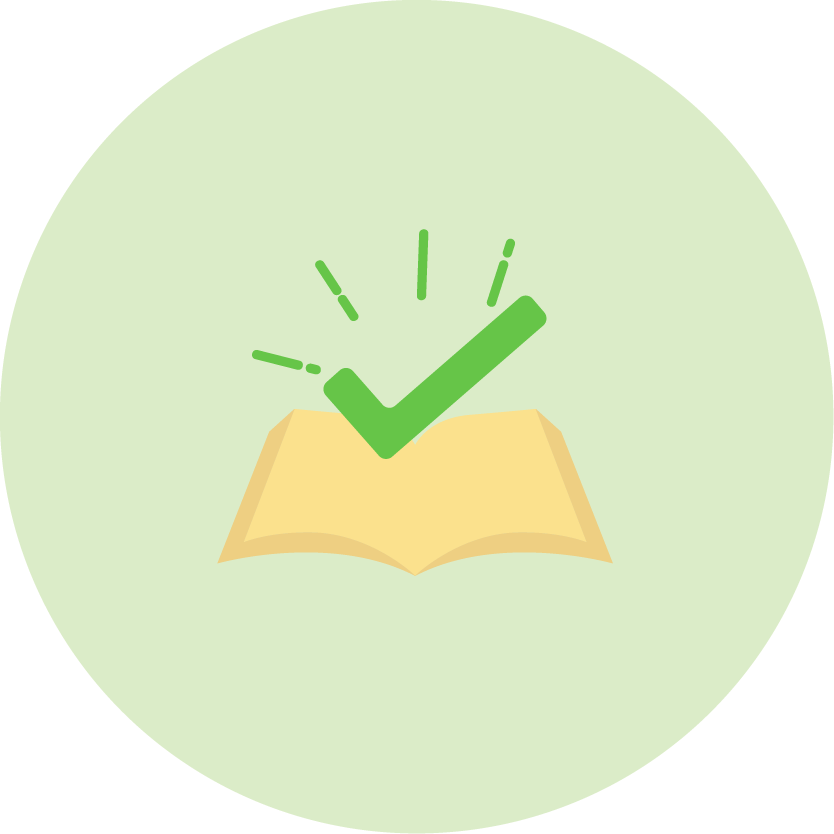 Icon of open book with a checkmark above the open pages
