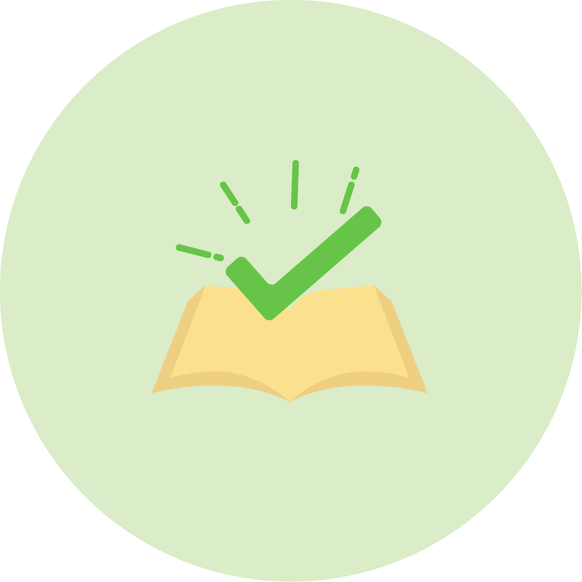 Icon of open book with a checkmark above the open pages
