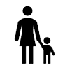 Black and white icon of adult holding the hand of child