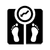 Black and white icon of a scale with outline of two feet on the scale the weight indication is declining