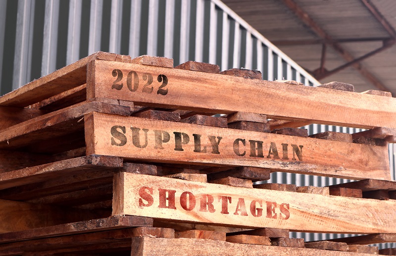2022 Supply Chain Shortages, text written on piled-up pallets
