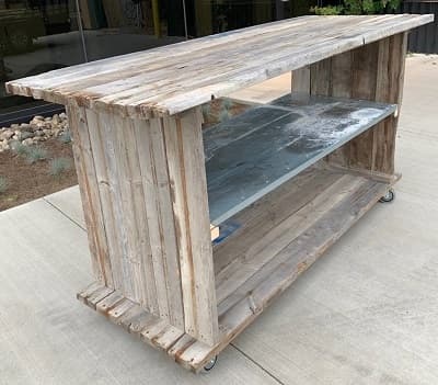 Work bench on wheels made from reclaimed materials