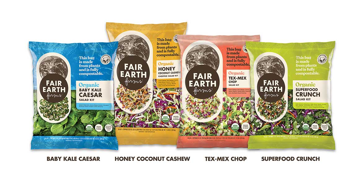 Four colorful bags of Fair Earth Farms organic salad kits: Baby Kale Caesar, Honey Coconut Cashew, Tex-Mex Chop, and Superfood Crunch.