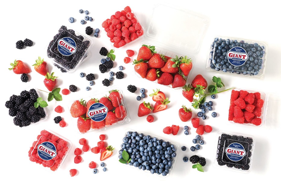 Various packages of GIANT brand strawberries, black berries, raspberries and blueberries