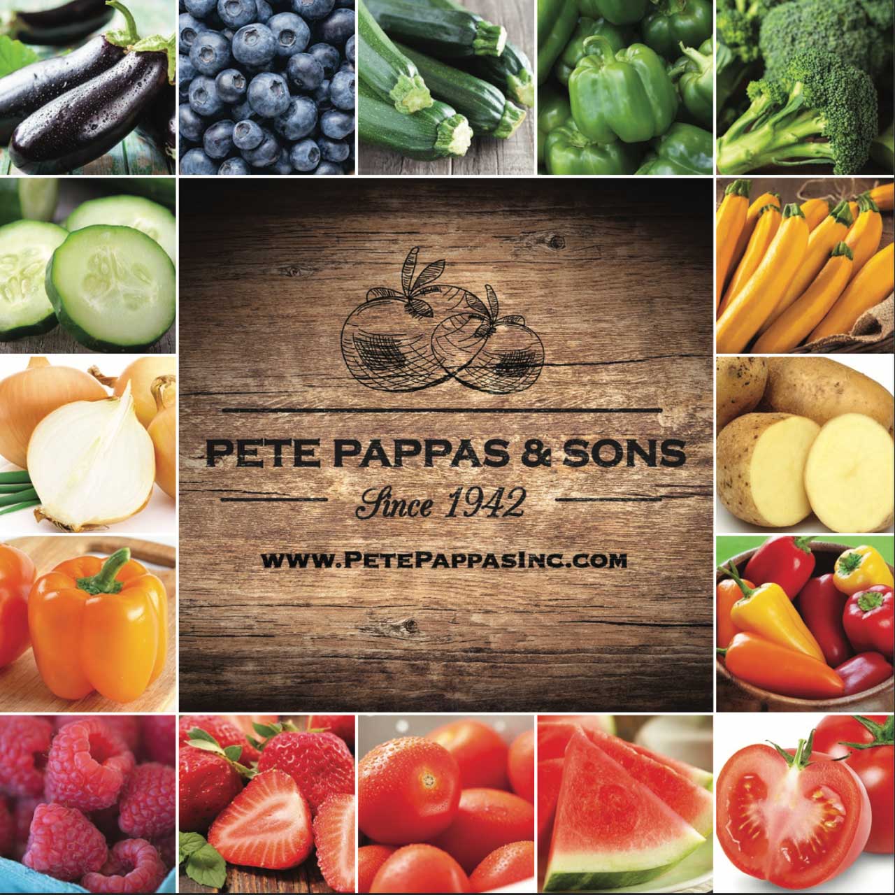Collage of various fruits and vegetables around a wood-textured panel with company branding text.