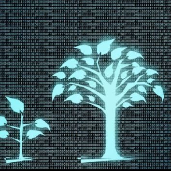Digital concept of data farming related to agriculture including a plant sprout and an overlay or the digits 0 and 1.