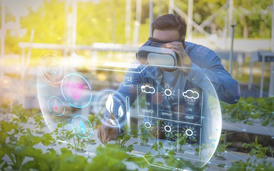 Tech concept of a man looking into virtual reality goggles. He is holding the goggles with one hand and looking at seedlings growing. Imposed over the seedlings is a representation of what he is seeing in the goggles with various icons representing data pertaining to the seedlings.