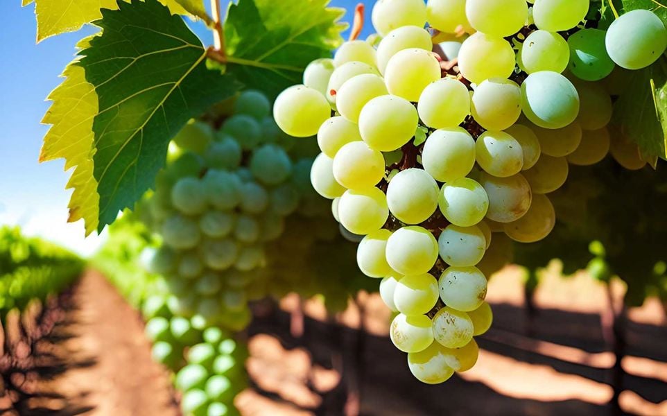 Green grapes growing on a vine with a bright blue sky in the background.