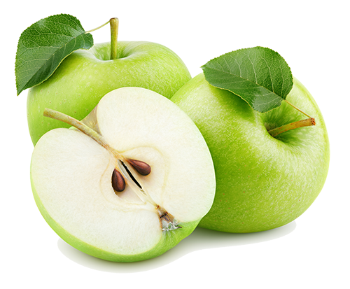 Group of ripe green apple fruits with half and green leaves isolated on white background. Group of ripe green apple fruits with half and green leaves isolated on white background.