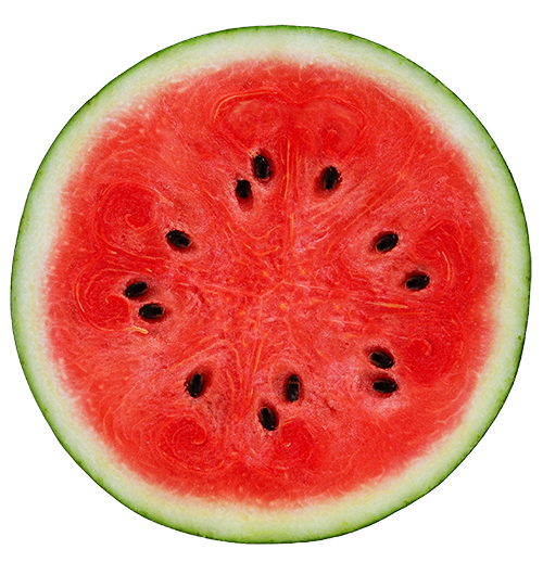 Isolated round watermelon that is cut in half.
