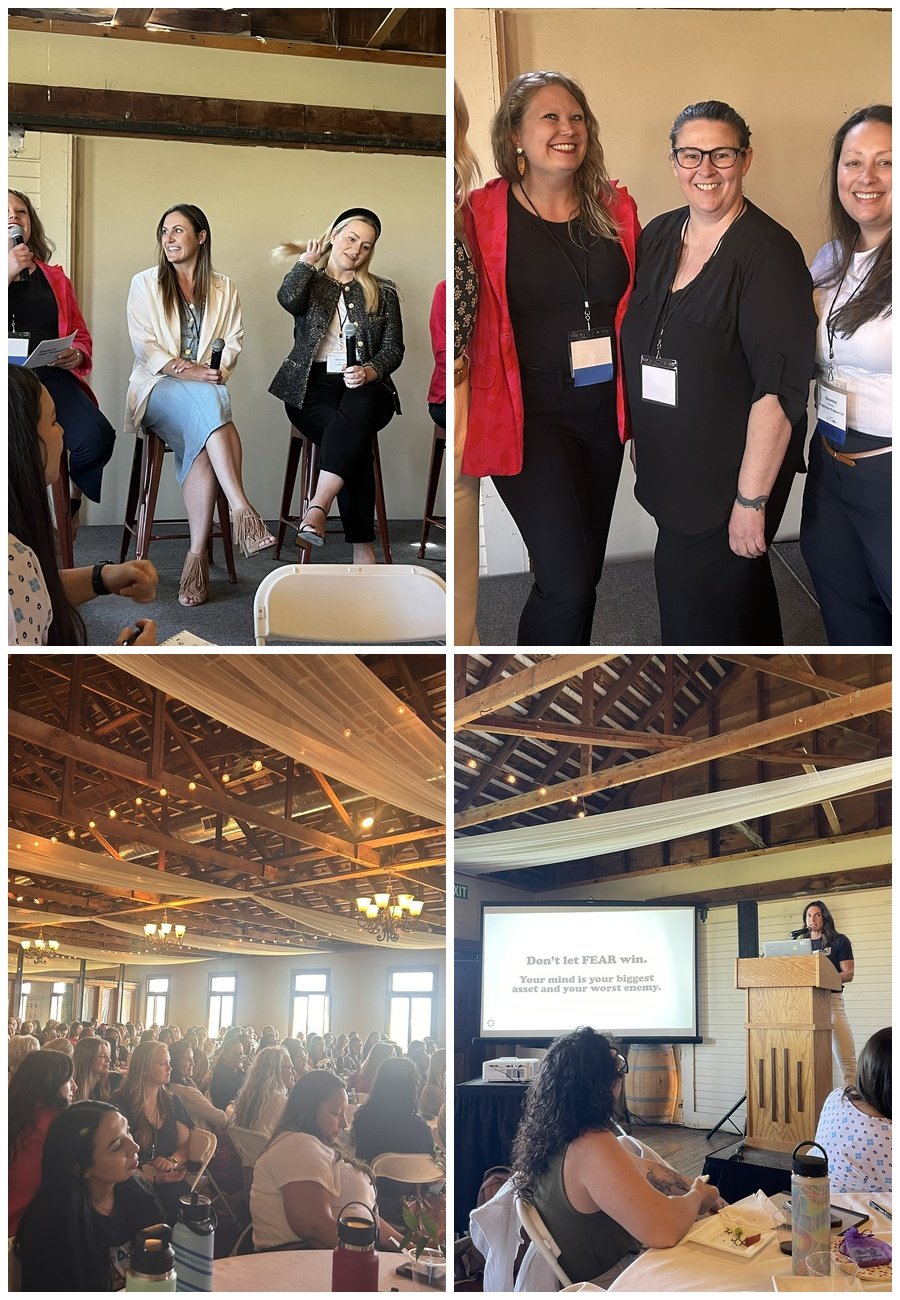 A collage of images from a conference with panelists, attendees, and a speaker.