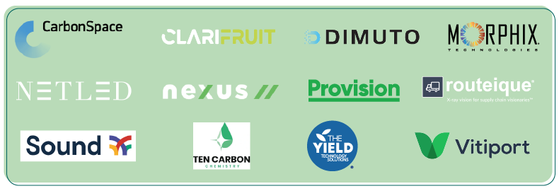 Logos of twelve companies who received the Fresh Field Catalyst Awards in 2022: Carbon Space, Clarifruit, Dimuto, Morphix, Netled, nexus, Provision, routeique, Sound, Ten Carbon, The Yield and Vitiport