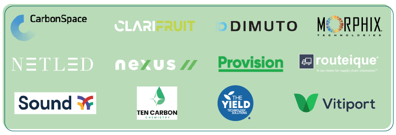 Logos of twelve companies who received the Fresh Field Catalyst Awards in 2022: Carbon Space, Clarifruit, Dimuto, Morphix, Netled, nexus, Provision, routeique, Sound, Ten Carbon, The Yield and Vitiport