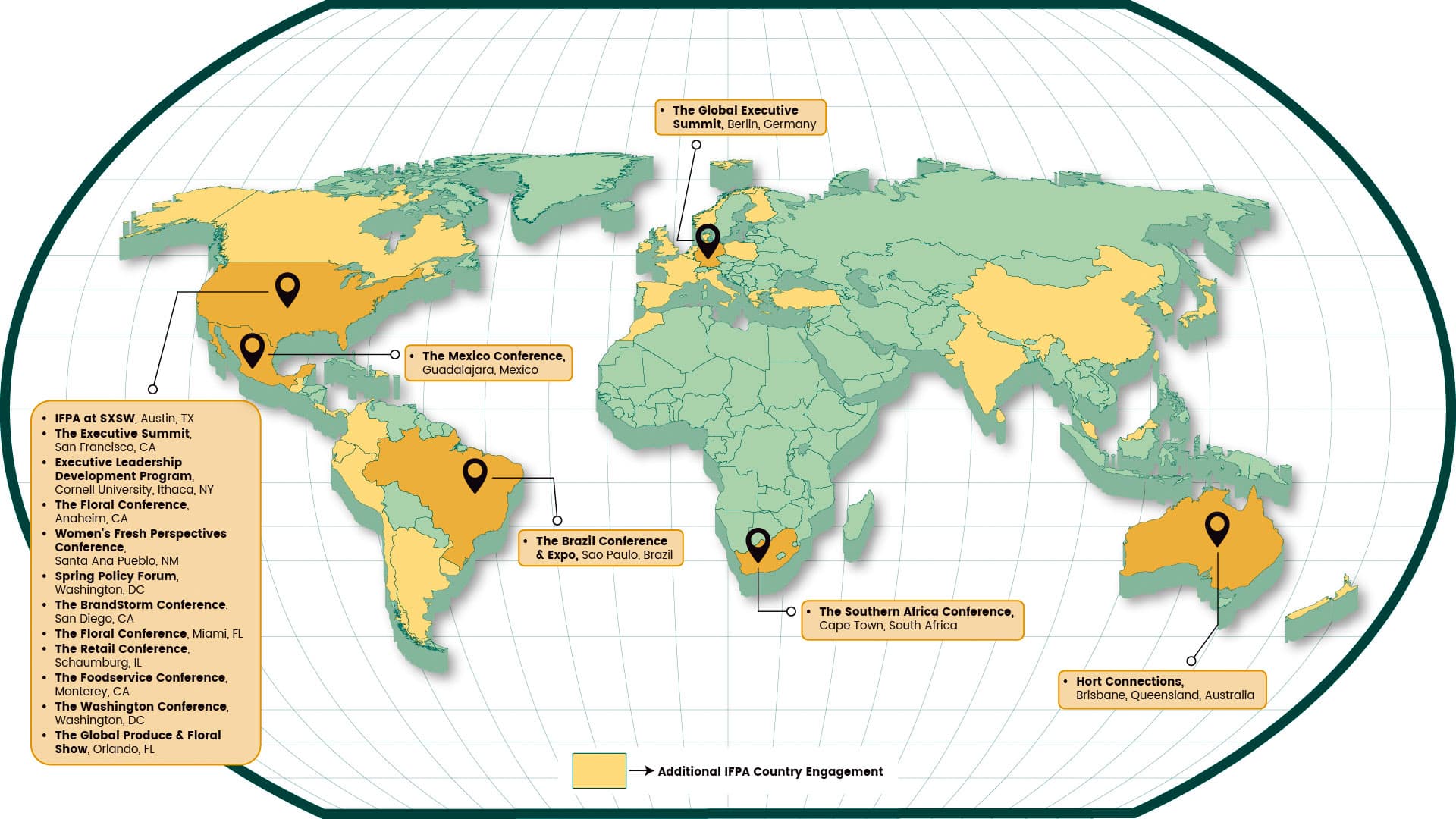 Map of the world depicting locations where IFPA holds events and has members.